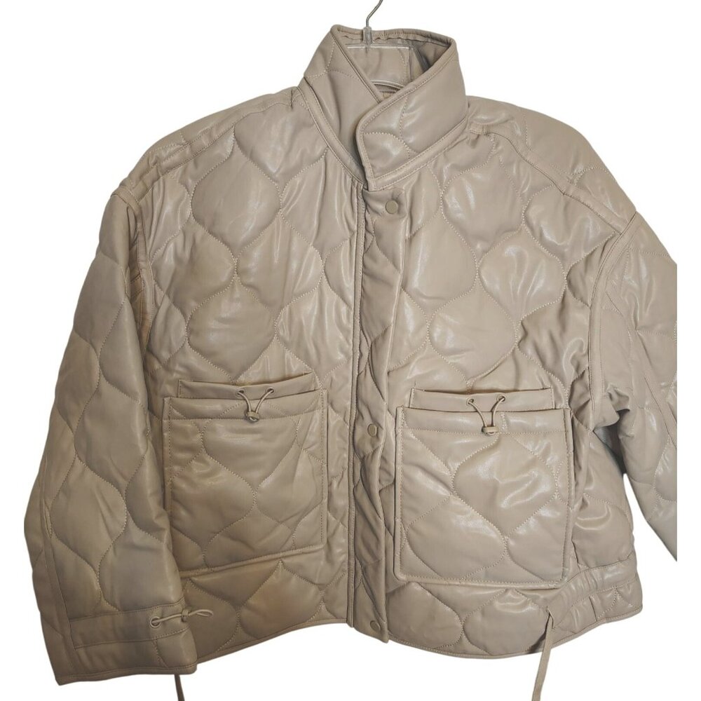 The Foxy Kind Medium Beige Puffer Short Jacket Coat Pleather Winter Quilted Look